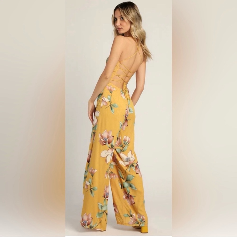 Lulus Jumpsuit Wide Leg Dk Yellow Floral Low Back Crisscross Straps 8 10 M